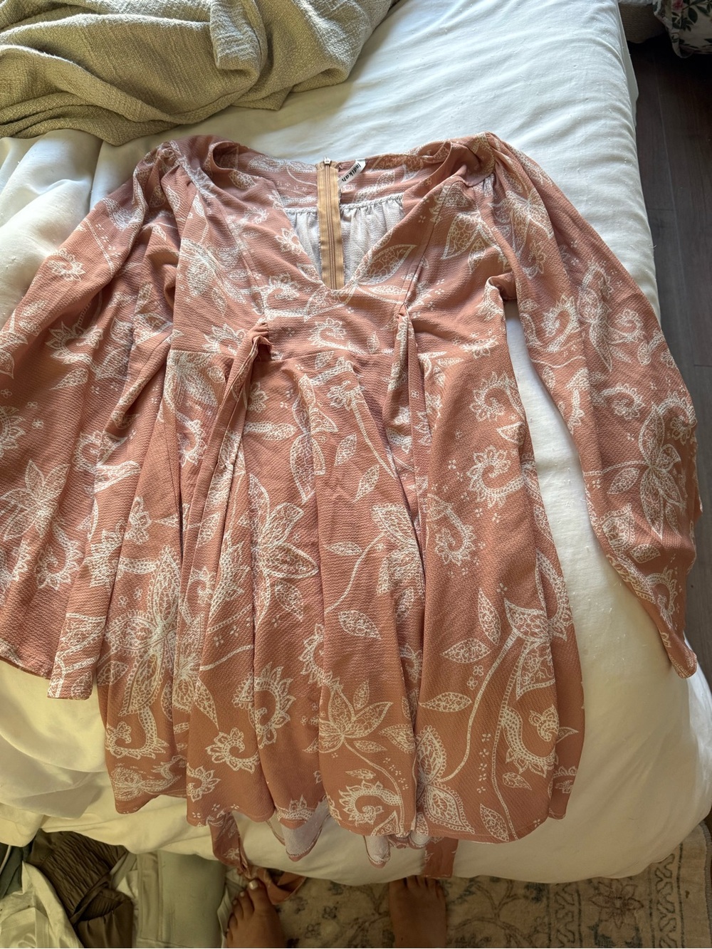 Floral Smocked Waist Long Sleeve Dress - Dusty Rose